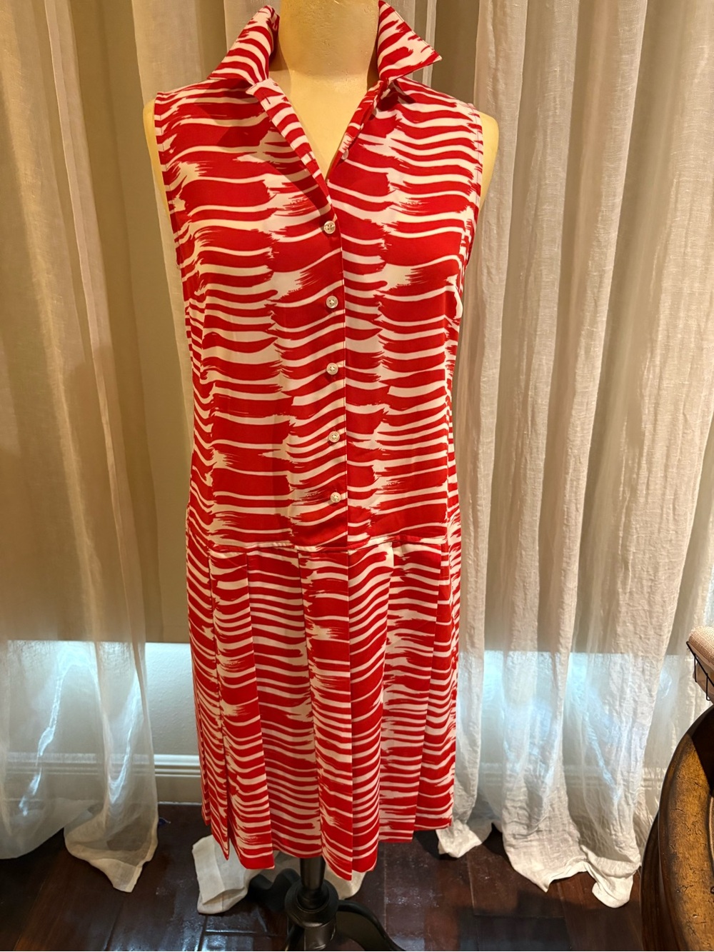 CAbi Red and White Sleeveless Button Shirt Dress
